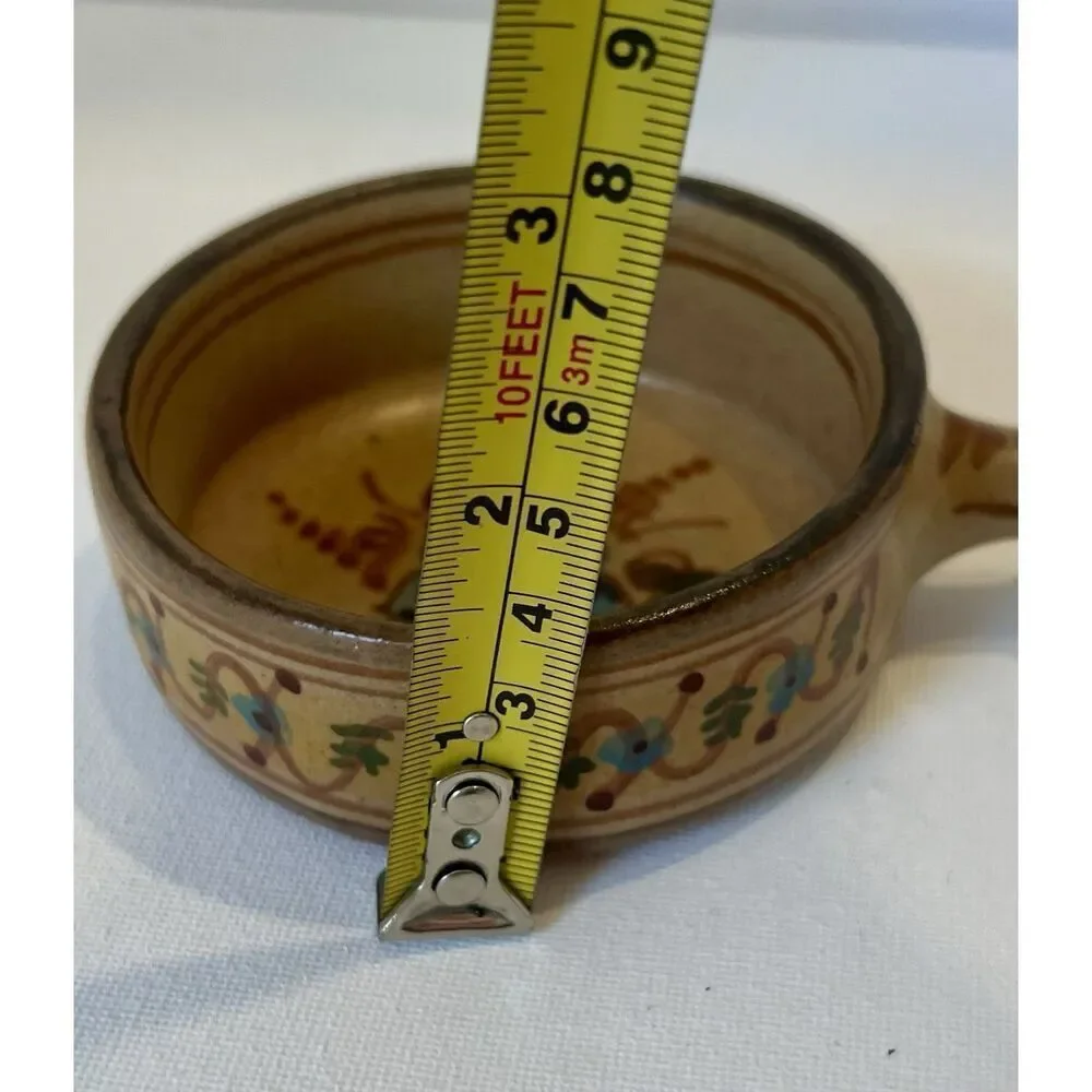Algarve Portugal Pottery Brown Lug Handle Bowl #77 Flowers‎ 1.5 in. H Vintage